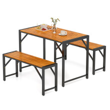 3-Pieces Patio Dining Set 110cm Acacia Wood Table & 2 Benches Indoor Outdoor