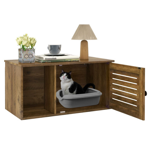 Costway Cat Litter Box Enclosure Wooden Pet Side Table with Winding Entry