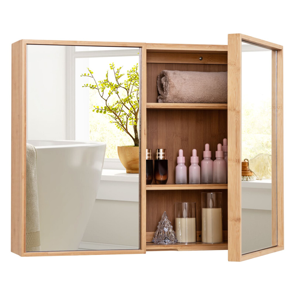 Bathroom Wall Cabinet w/ Mirror Bamboo Double Door Medicine Cabinet