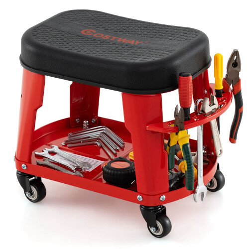 Costway Garage Rolling Stool Mechanic Automotive Creeper Seat w/Storage-Red