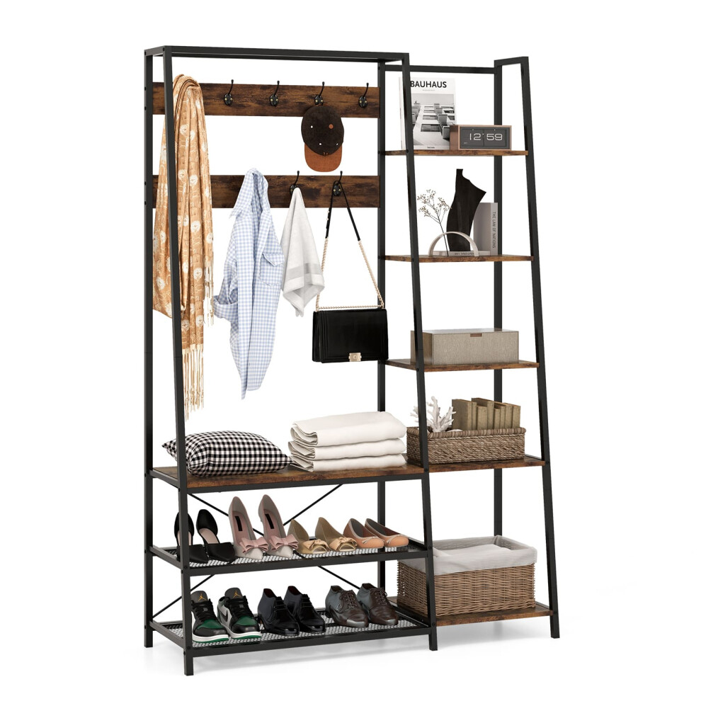 Hall Tree with Storage Bench Industrial Coat Rack Shoe Bench w/ 9 Hooks