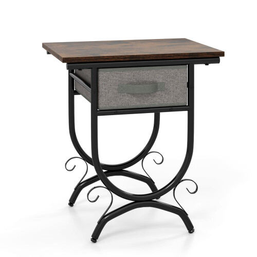 Costway Industrial 2-tier Bedside Table Nightstand w/ Fabric Drawer-Brown 1