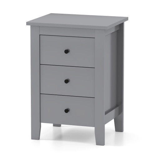 Costway Bedside Table Wooden Nightstand End Side Table w/ 3 Drawers-Grey