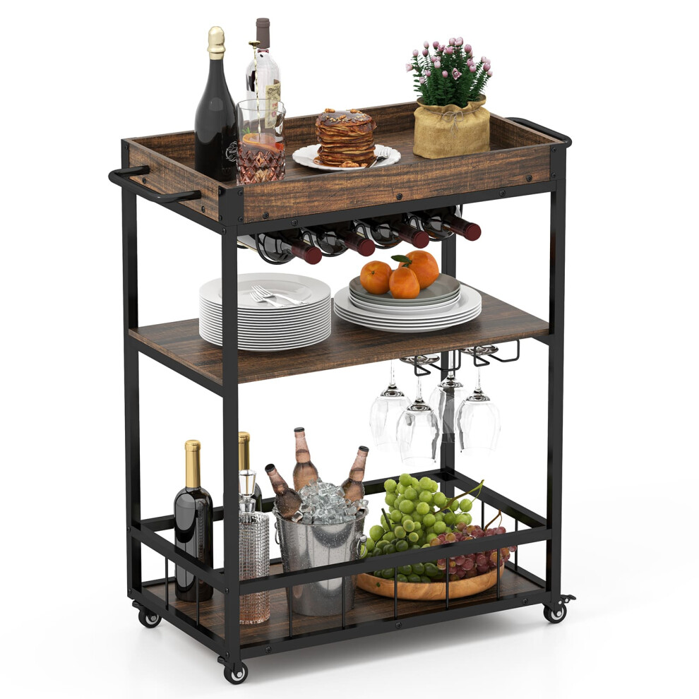 Home Bar Cart on Wheels Kitchen Serving Cart w/ Removable Tray-Brown