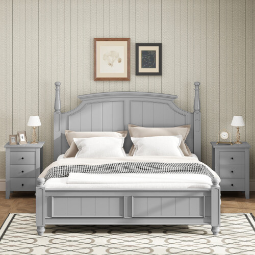Costway Bedside Table Wooden Nightstand End Side Table w/ 3 Drawers-Grey 2
