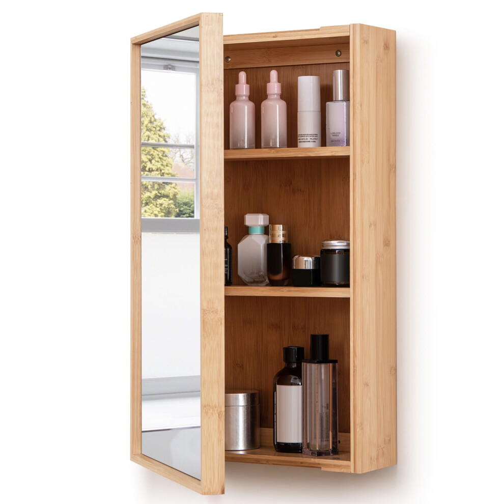 Bathroom Medicine Cabinet Wall Mounted Single Bamboo Cabinet w/ Mirror