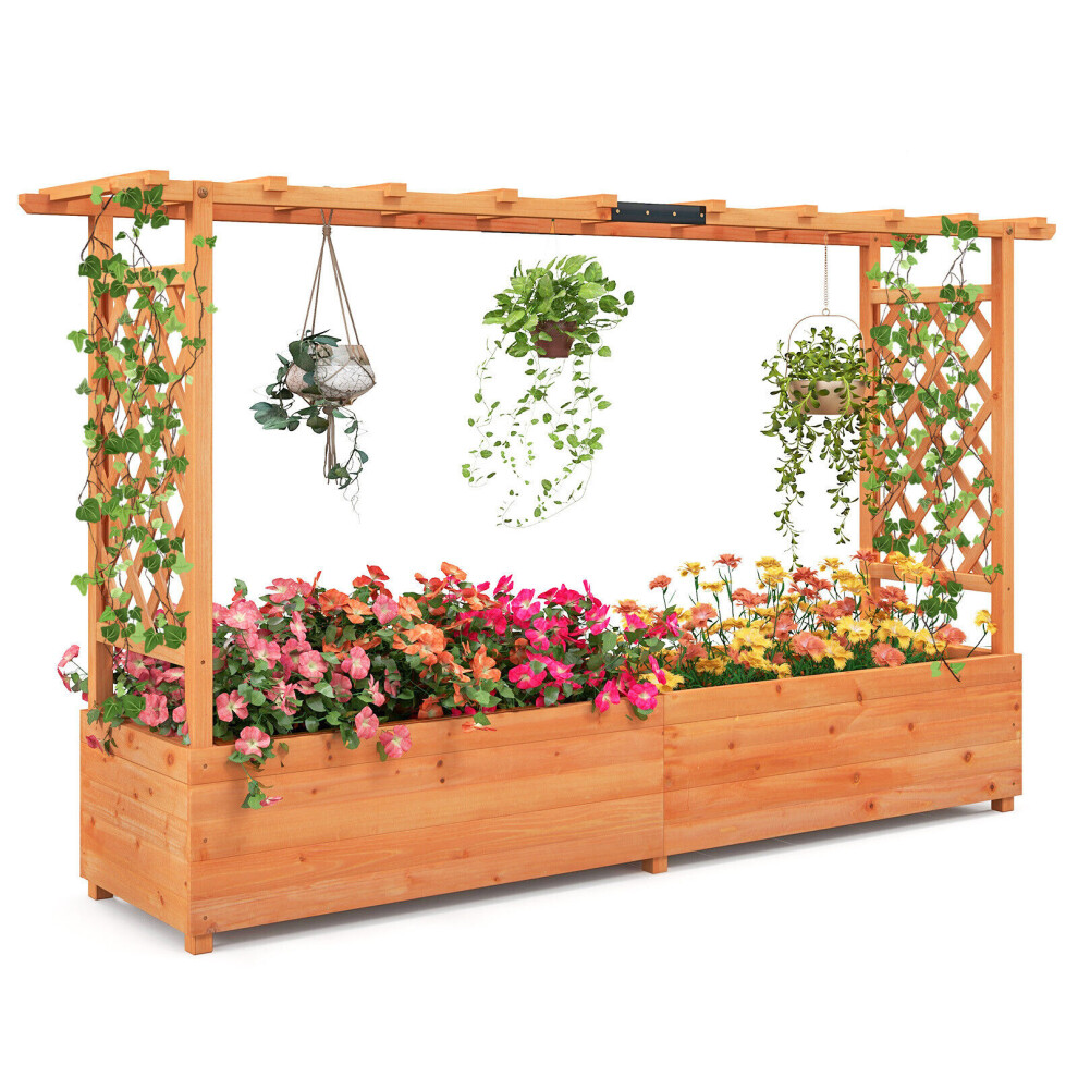 Costway 2M Raised Garden Bed Fir Wood Climbing Planter Box W/ 2-Sided Trellis