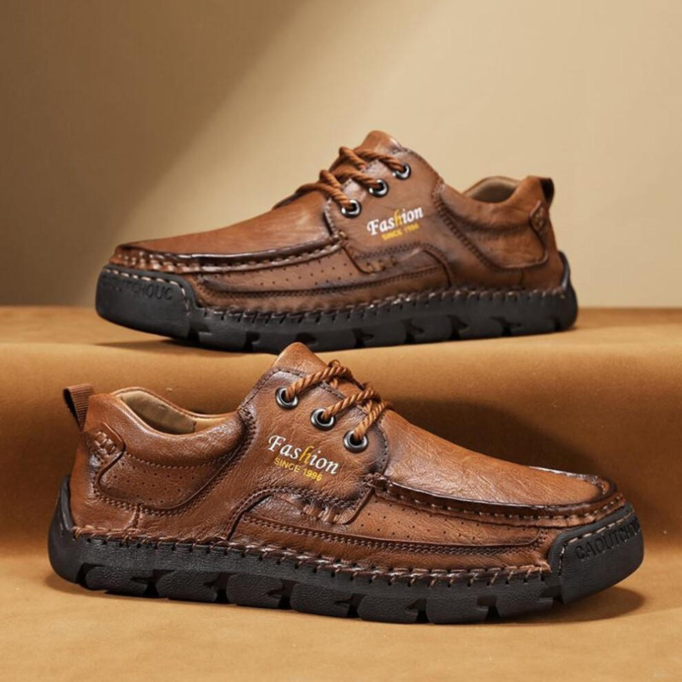 (light brown, 41) Men's Leather Casual Shoes Trend Lace Up Shoes Comfortable Male Oxford Wedding Leather Dress Shoes Men Flats Size 48