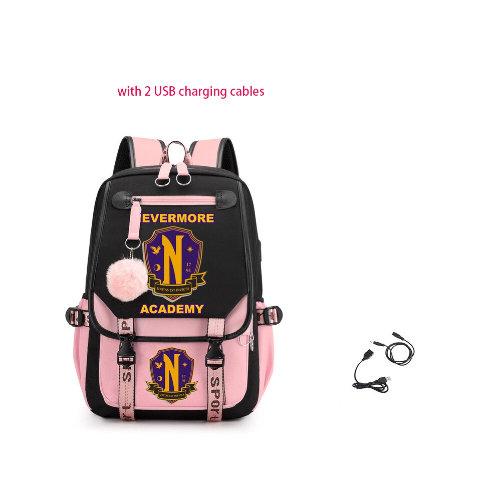 (BlackPink) The Wednesday Addams Family Kids Travel Backpack Usb Schoolbag Cable Charging