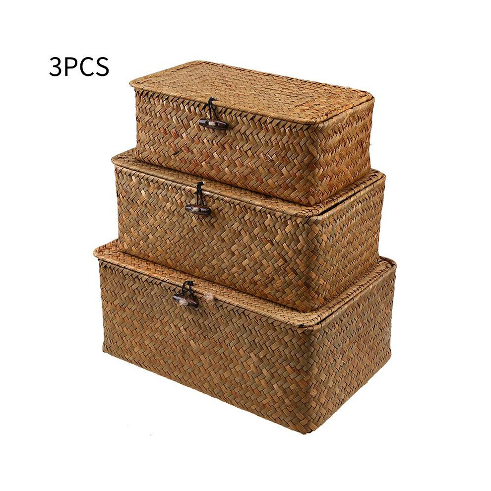 (3PCS) Grass 3pcs Hanrafted Woven Storage Box With Lid Lock Gifts Basket Hamper Xmas