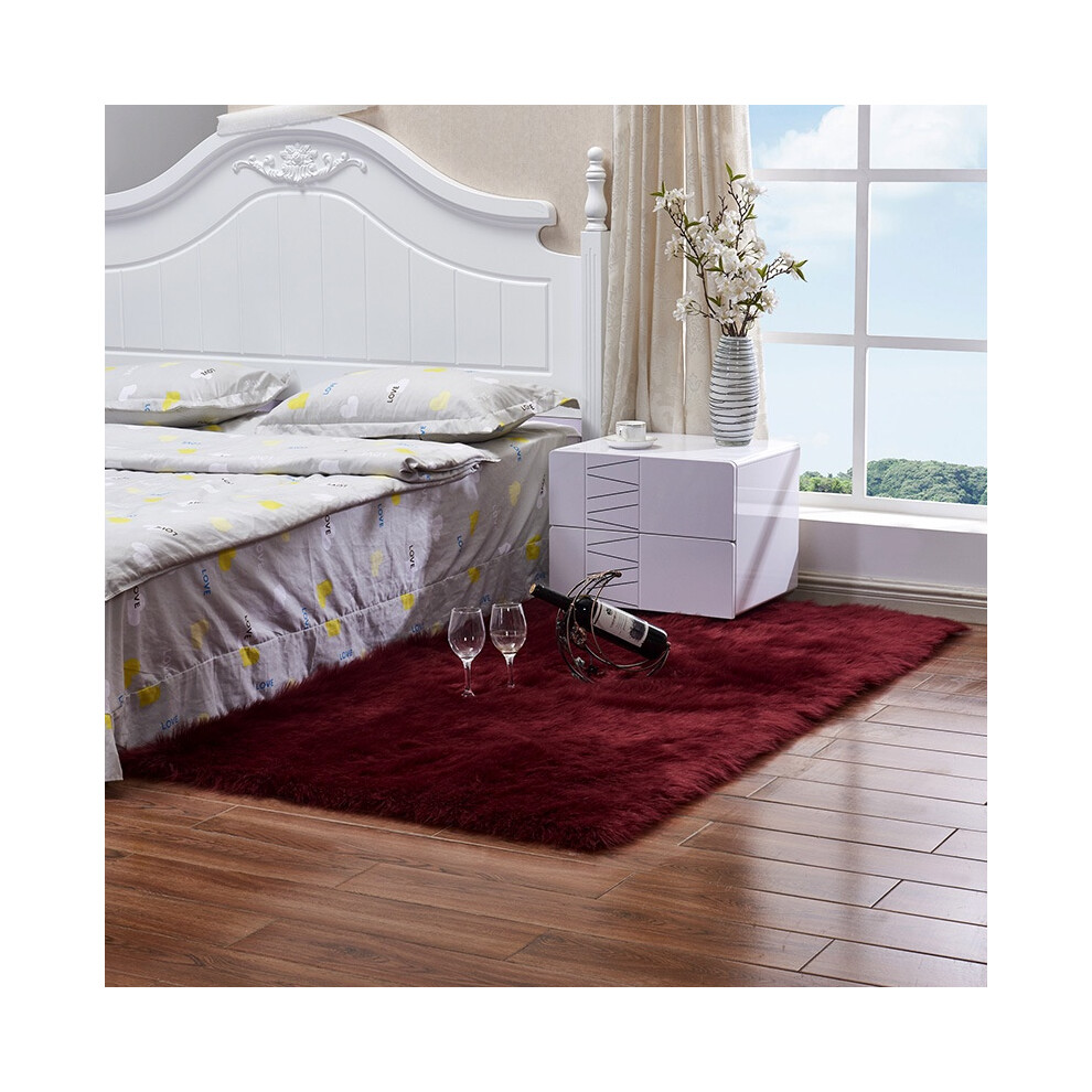 (Wine Red, 120cm/47.24in) Faux Fur Fluffy Sheepskin Rug Non Slip Floor Carpet Fur Rugs Mat Plush Soft