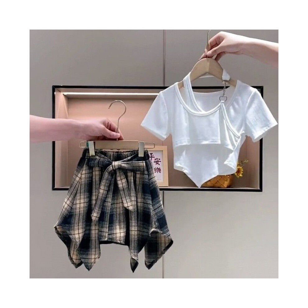 (White Check Shorts, 110cm/43.31in) Childrens Summer Elegant Clothing New Halter Neck Short Sleeve And Stylish Skirt Set Checkered-image-OPC-PGWKDBV-NEW