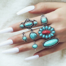 (StyleC) And Fashionable Versatile Ethnic Leaf Ring Set With Turquoise Carvings 8piece Set For Men And Women