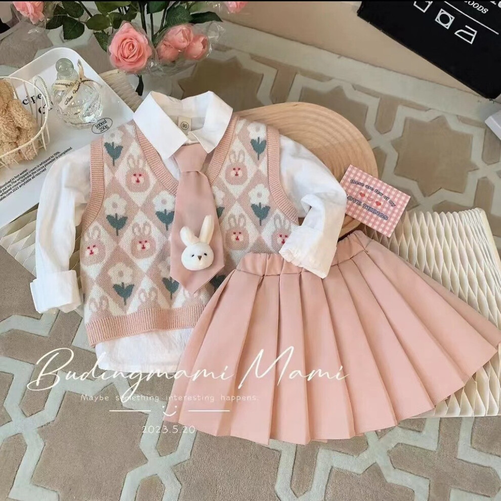 (Pink Set, 130) Pink Adorable Three Piece Set For Girls Stylish Korean Style Autumn Fashion For Kids-image-OPC-PGWKSDF-NEW