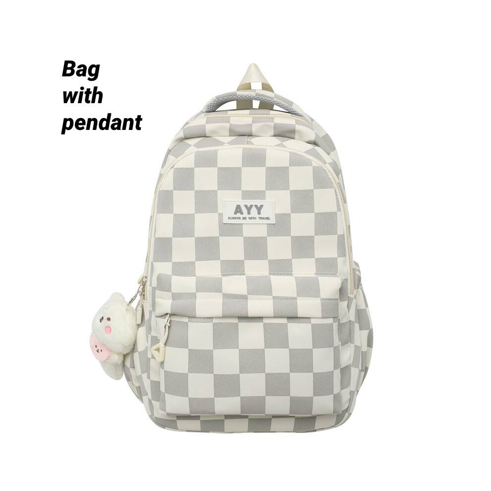 (White) Backpack Plaid Large Capacity Schoolbag Student Boy Girl Travel Pendant Bag Gift