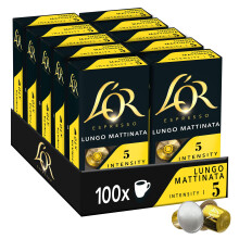 L'OR - Caf? Espresso - Lungo Mattinata - Intensit? 5 - Saveurs Chocolat et Agrumes - 10 lots de 10 capsules aluminium