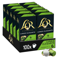 L'OR - Caf? Espresso - Lungo Elegante - Intensit? 6 - Saveur Baies Noires - 10 lots de 10 capsules aluminium