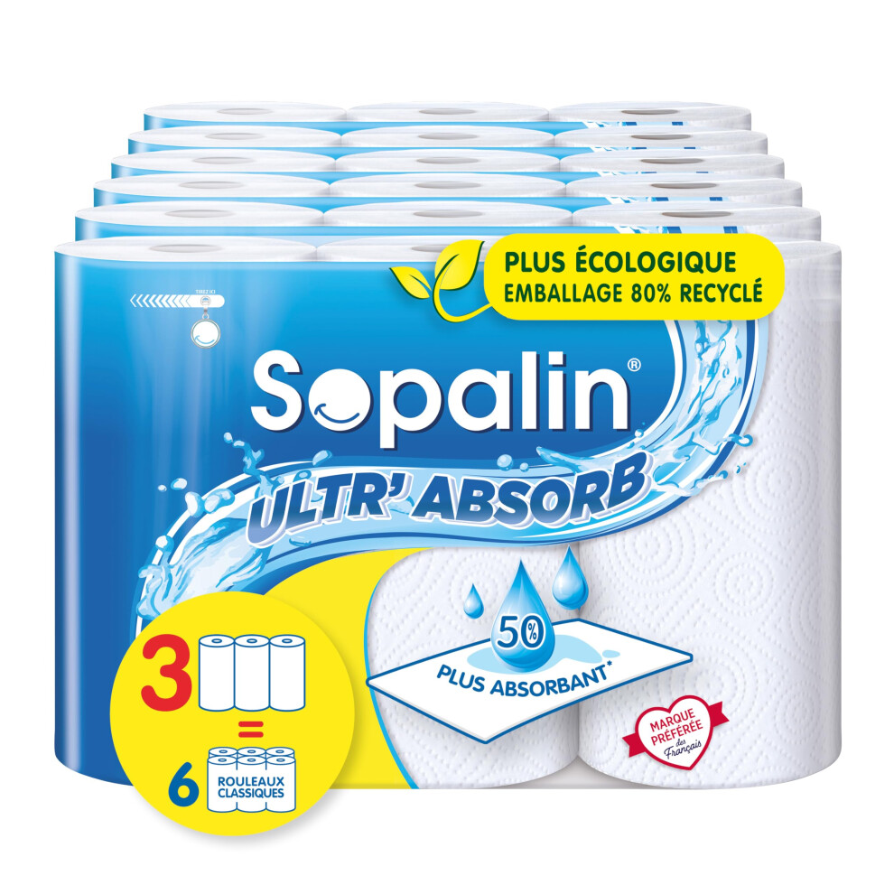 Sopalin Ultr?Absorb - 18 maxi rouleaux ?gal ? 36 rouleaux classiques - 50% plus absorbant - Maxi rouleaux 2 fois plus longs - Demi-feuilles, Blanc