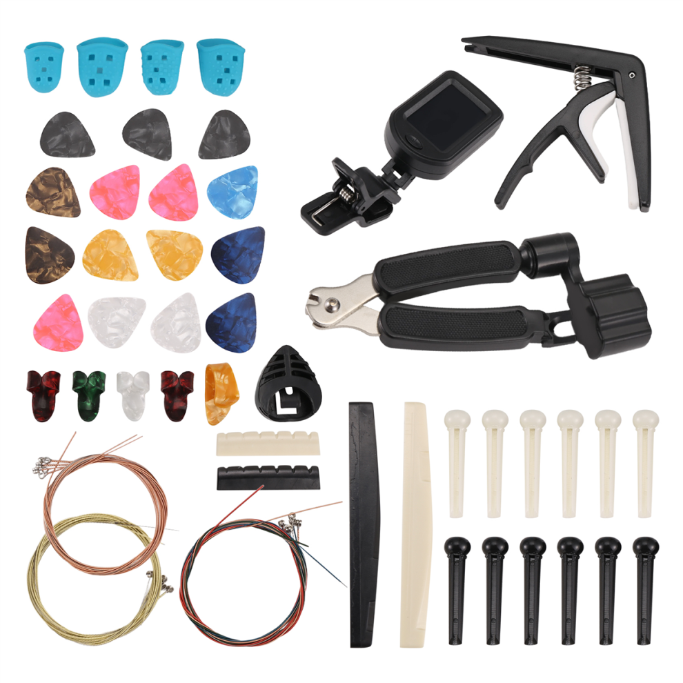 Kit d'accessoires pour guitare 65 pièces avec cordes, accordeur, capodastre, médiators, porte-médiators, chevilles de chevalet pour pouce et doigt