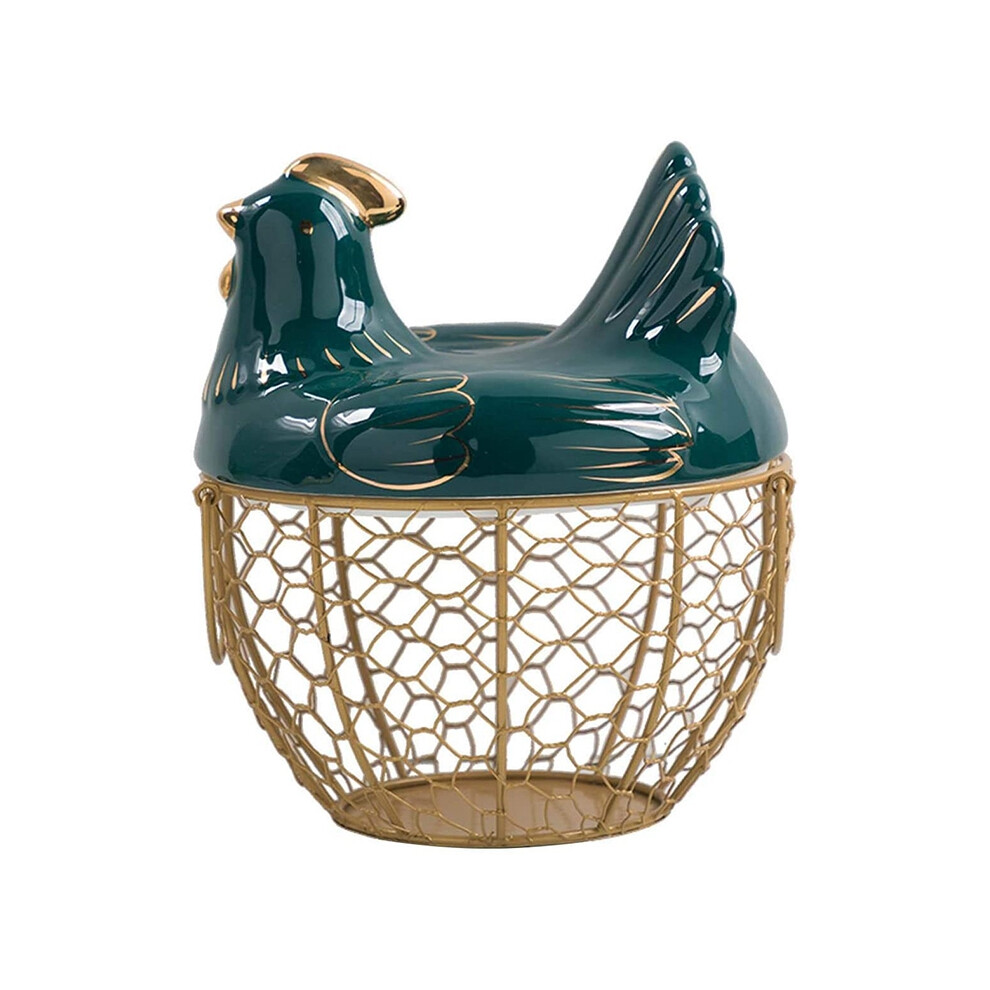 Egg Storage Basket Metal Wire Fruit with Chicken Shape Lid Ceramic Holder, Holds 30 Eggs
