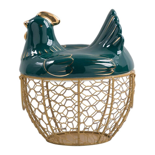 Egg Storage Basket Metal Wire Fruit with Chicken Shape Lid Ceramic Holder, Holds 30 Eggs 1