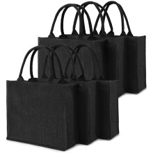 6PCS Black Burlap Tote, Tote Bags with Handles & Laminated Interior, Wedding Bridesmaid Gift Bags, Blank