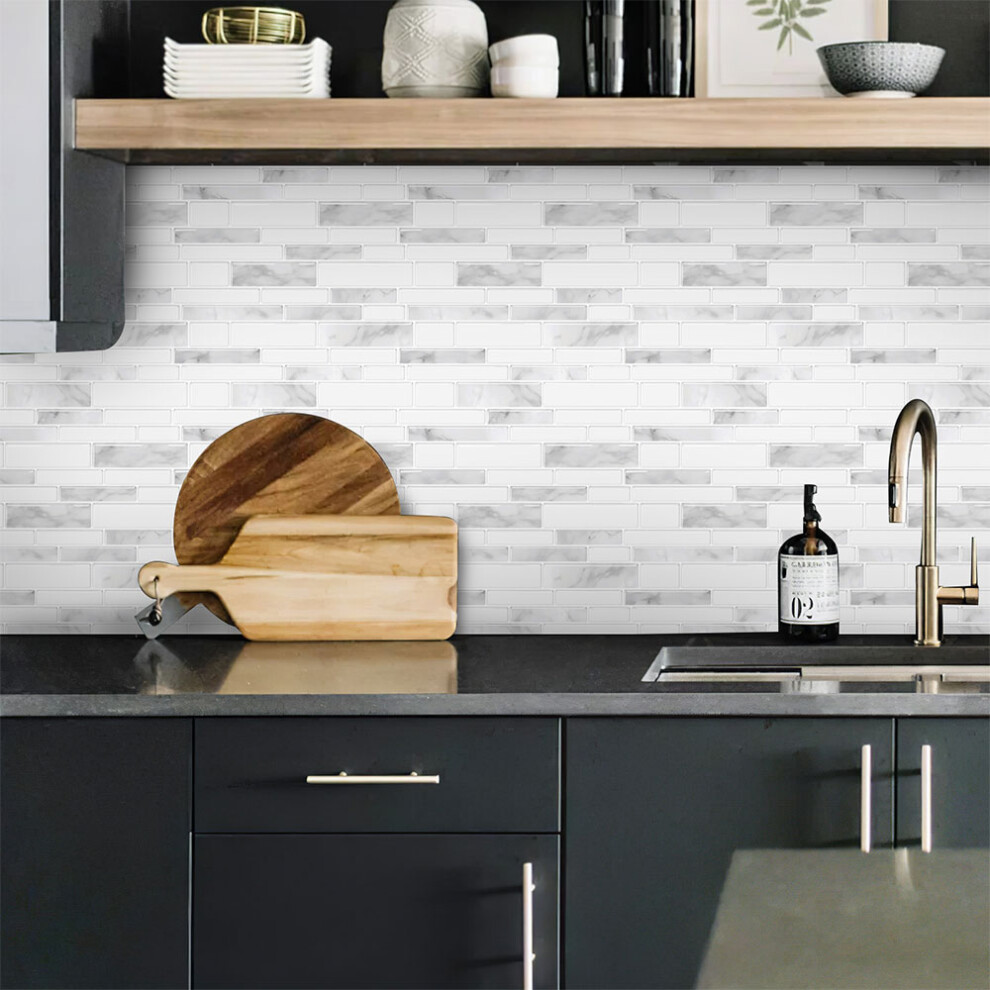 10Pcs 3D Marble Effect Self-Adhesive Wall Tile Sticker, White&Grey