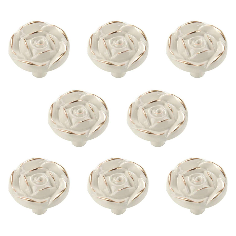 8Pcs Antique Rose Flower Cabinet Knobs, Vintage Kitchen Shabby Chic Zinc Alloy White Drawer Pull Handles For Dresser 4853572076838
