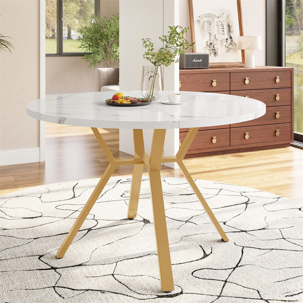 Modern and Sleek Round Marble Dining Table (Diameter 1 m), Gold+White