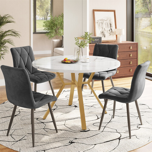 Modern and Sleek Round Marble Dining Table (Diameter 1 m), Gold+White 2