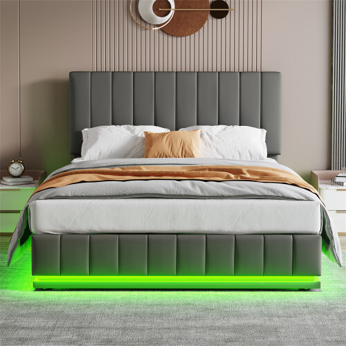 135*190cm Ottoman Double Bed with LED Lighting, PU Leather, Grey 2