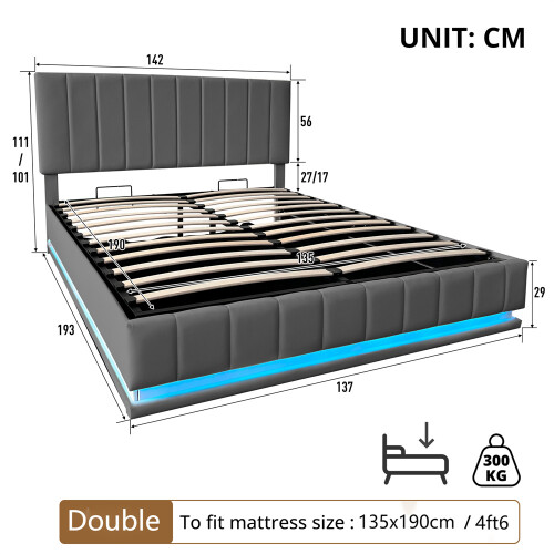 135*190cm Ottoman Double Bed with LED Lighting, PU Leather, Grey 1
