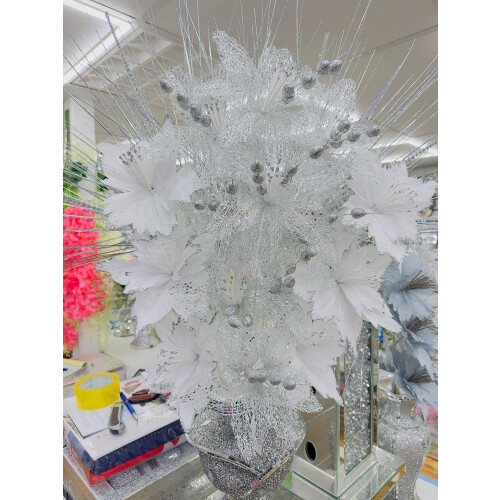 Artificial Glitter Flower Arrangement, 35 cm White and Silver