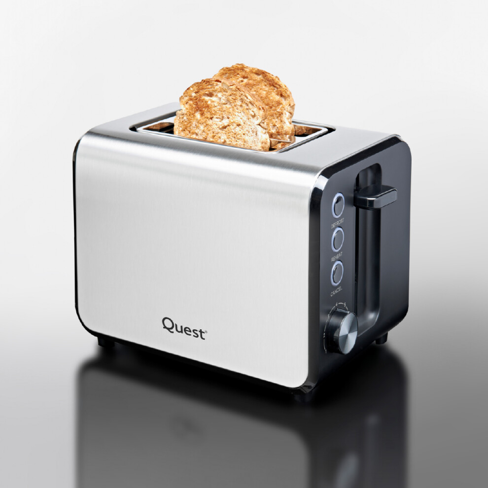 Quest 34579 2 Slice Toaster with Extra Wide Slots / 7 Browning Levels / Reheat & Defrost / Crumb Tray & Cord Storage / 950W / Stainless Steel