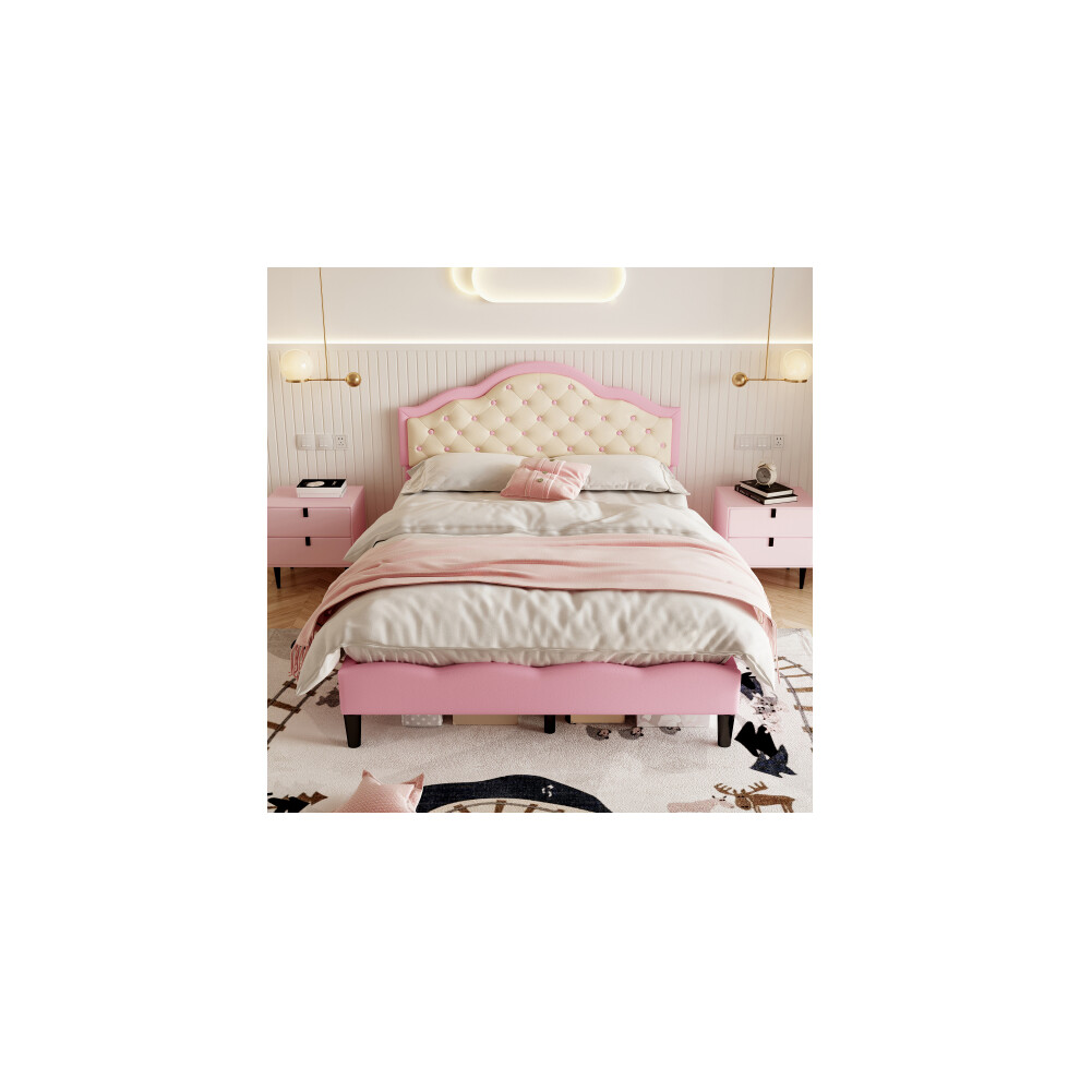 4ft6 Double Upholstered Bed Frame with Adjustable Chic Button-Tufted Headboard, PU Faux Leather Bed Frame (No Mattress)