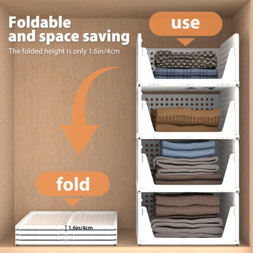 Foldable Closet Organizer, 4 Pack Stackable Storage Boxes Plastic Storage Drawers for Wardrobe, Bedroom, Kitchen & Bathroo