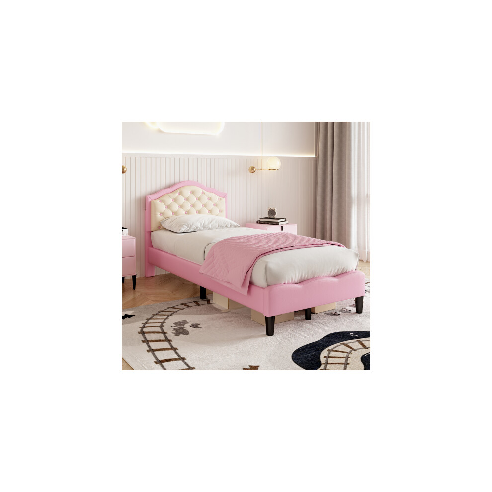 3ft Single Upholstered Bed Frame with Adjustable Chic Button-Tufted Headboard, PU Faux Leather Bed Frame (No Mattress)