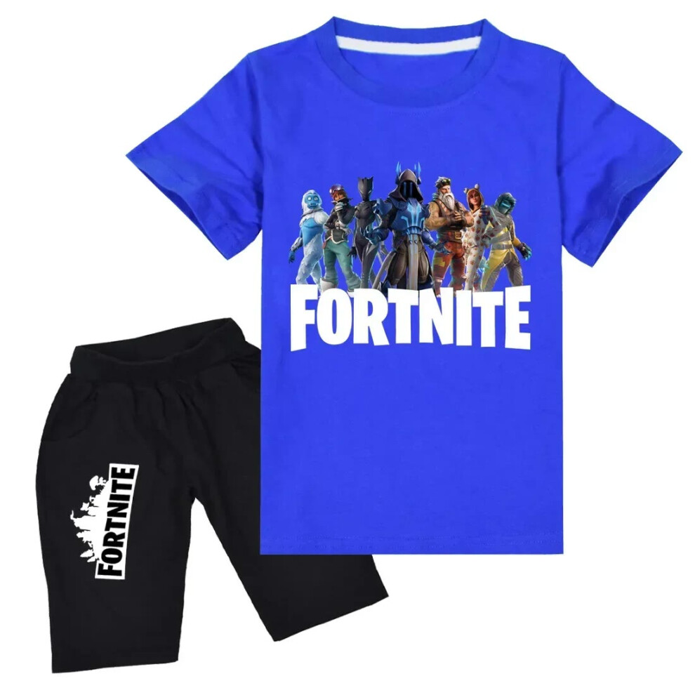 (Blue, 130cm) Fortnite T-Shirt Suit Short Sleeve Shorts 2 Piece Kids Sportswear Boys Girls Cotton Casual