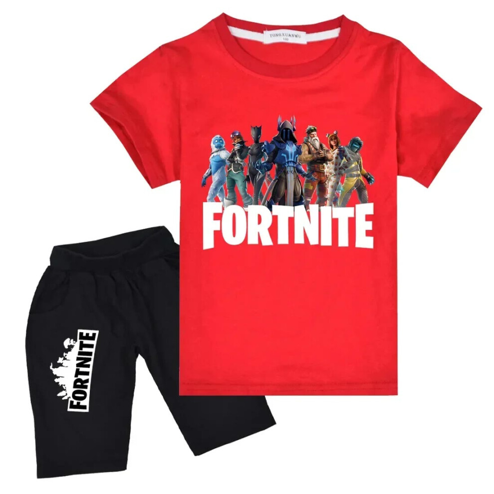 (Red, 170cm) Fortnite T-Shirt Suit Short Sleeve Shorts 2 Piece Kids Sportswear Boys Girls Cotton Casual