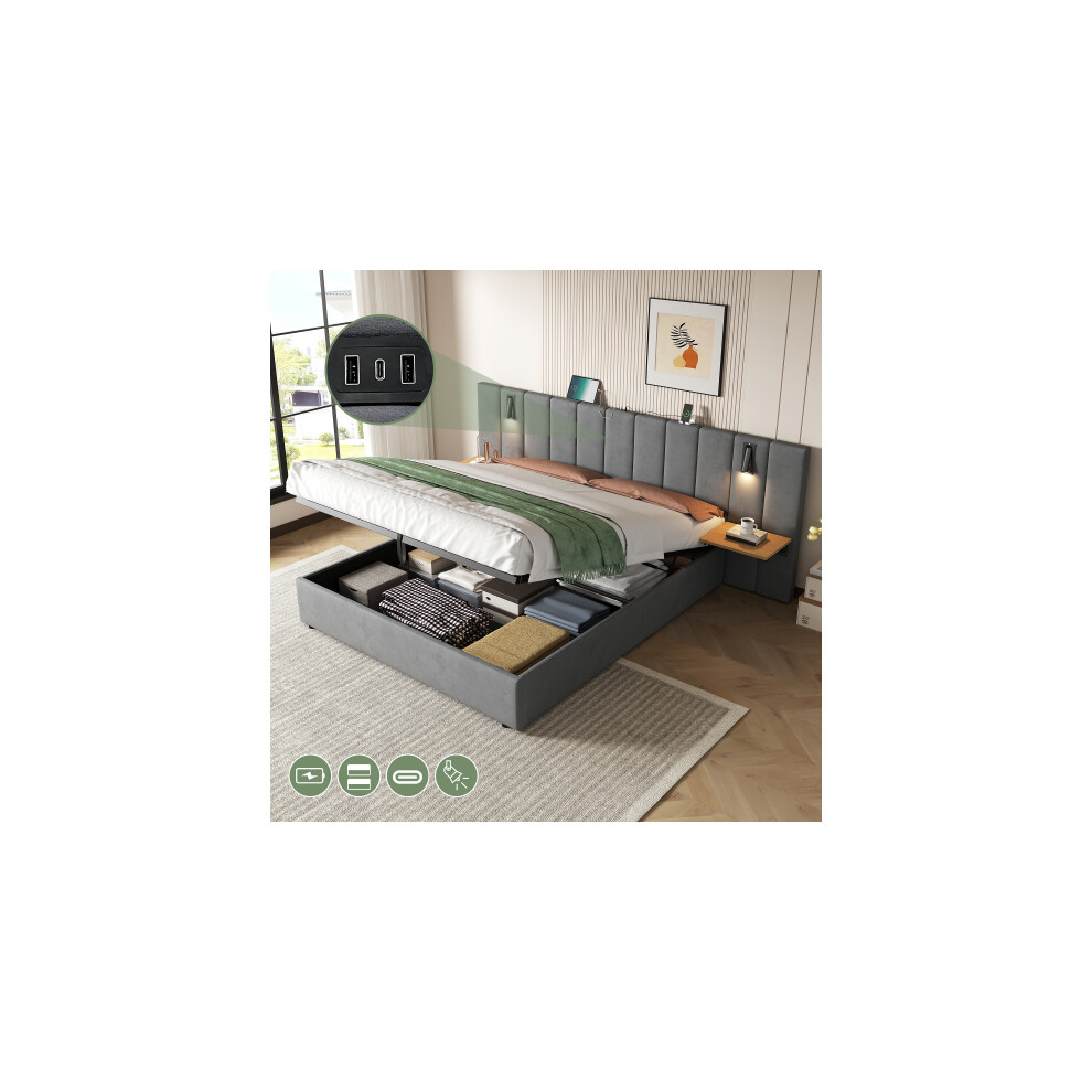 5ft King Upholstered Bed with Charging Station, Velvet Hydraulic Storage Bed with Reading Light, Adjustable Bedside Shelf, Grey (No Mattress)