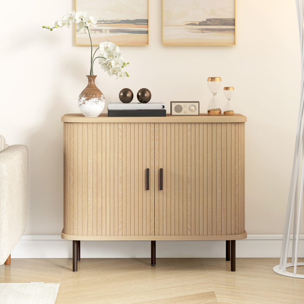 HOMCOM Sideboard Storage Cabinet with Slatted Tambour Sliding Doors Oak Tone