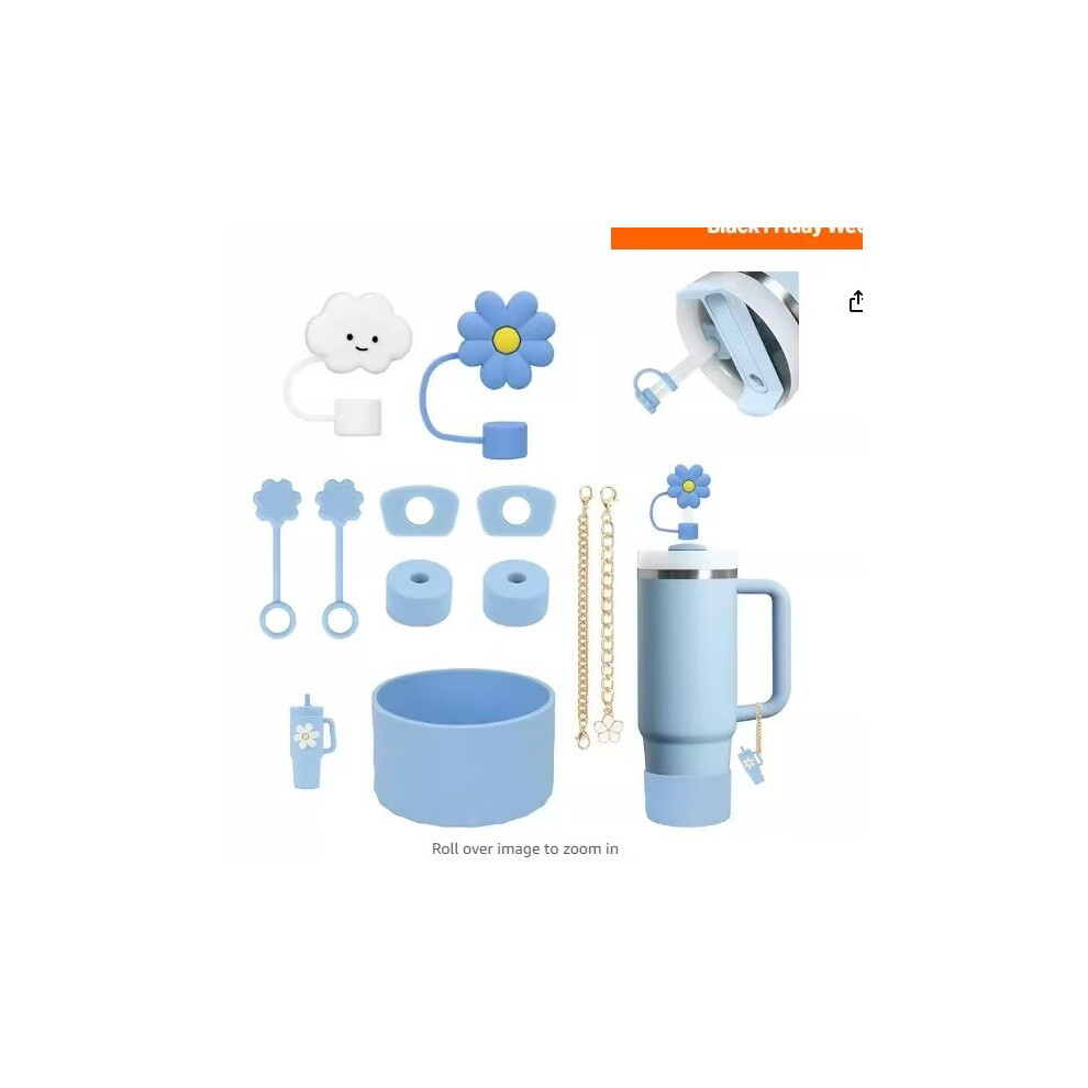 (Blue, 11 pieces in total (excluding cups)) Accessories for Stanley Cup 1Pcs 10mm Bow Straw Cover Cap 1Pcs Water Bottle Boot 1Pcs Charm Chain for Tumbler with Handle
