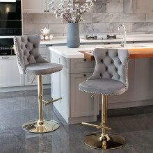(Grey) Set of 4 Velvet Upholstered Swivel Bar Stools Gold