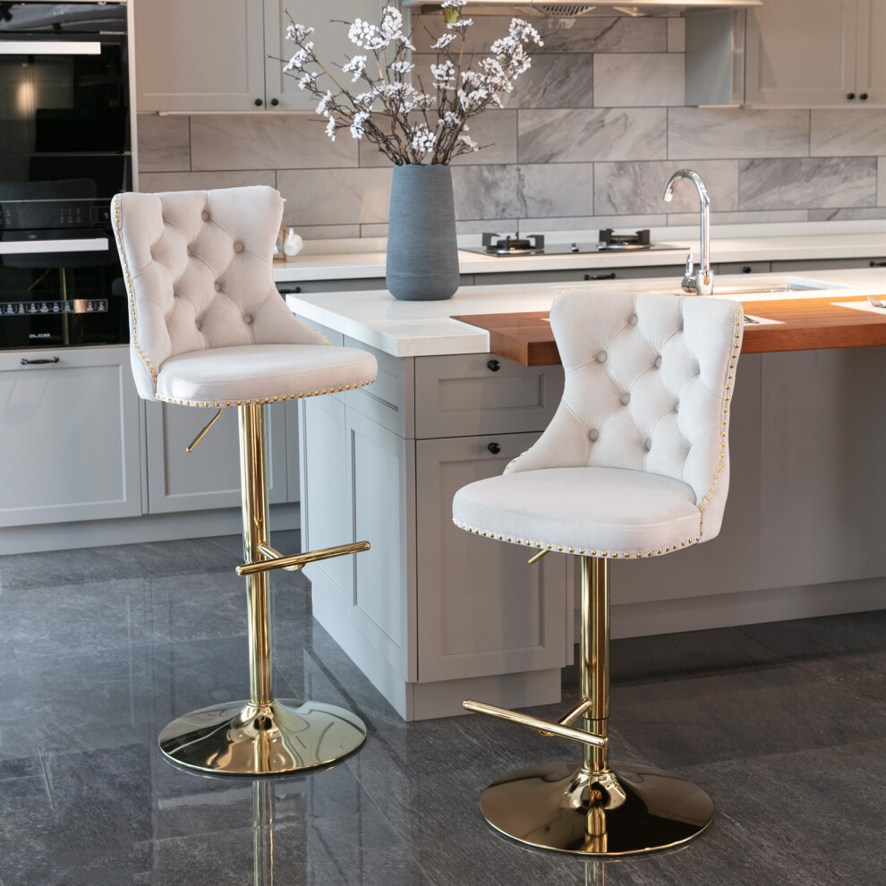 Photos - Other Furniture Set of 4 Velvet Upholstered Swivel Bar Stools Gold Cream(Beige)