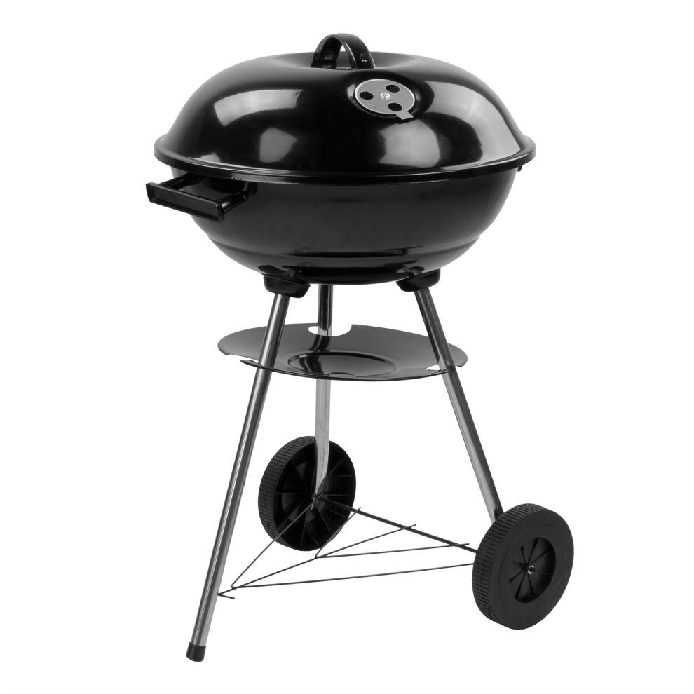 KCT Compact Kettle BBQ Round Charcoal Patio Barbecue Outdoor Barbeque Grill Steel Black with Lid Wheels Party Cooking Stove Portable Camping