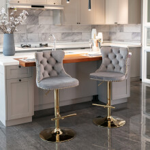 (Grey) Set of 2 Velvet Upholstered Swivel Bar Stools Gold