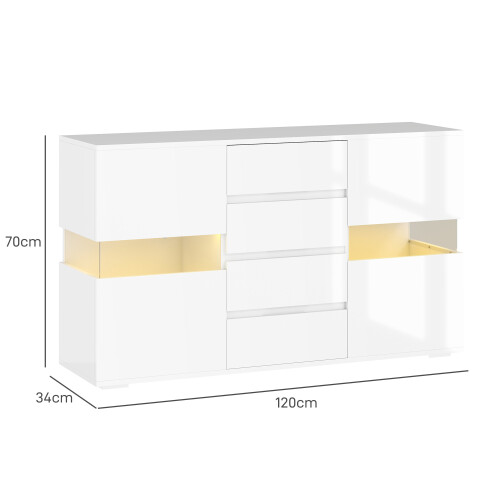 Homcom HOMCOM LED Sideboard, High Gloss Storage Cabinet with 4 Drawers, White 2