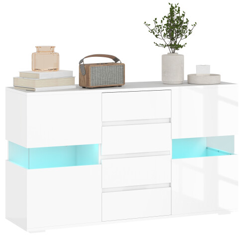 Homcom HOMCOM LED Sideboard, High Gloss Storage Cabinet with 4 Drawers, White 1