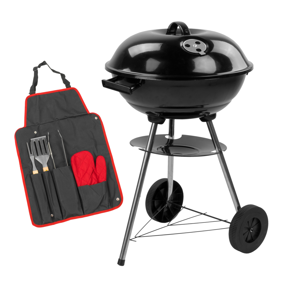 KCT Compact Round Kettle BBQ Tool Set Charcoal Patio Barbecue Outdoor Barbeque Grill Steel Black with Lid Wheels Party Cooking Stove Portable Camping