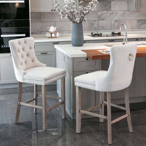 (Beige) Set of 2 Velvet Upholstered Kitchen Bar Stools